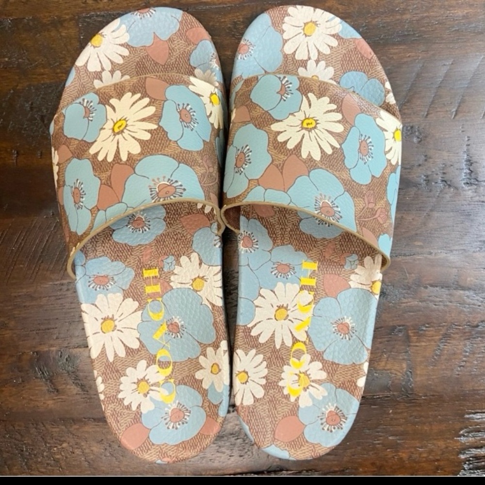 Coach NEW Udele Sig Floral Aqua Rubber Slide Sandals Womens 8 - Picture 2 of 11